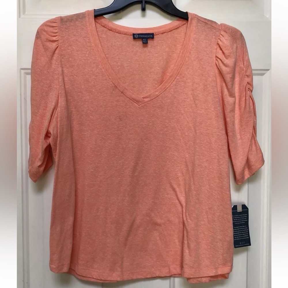 DEMOCRACY WOMEN'S TOPS SIZE XL V NECK CORE ESSENTIAL PUFF SLEEVE BASIC FASHION